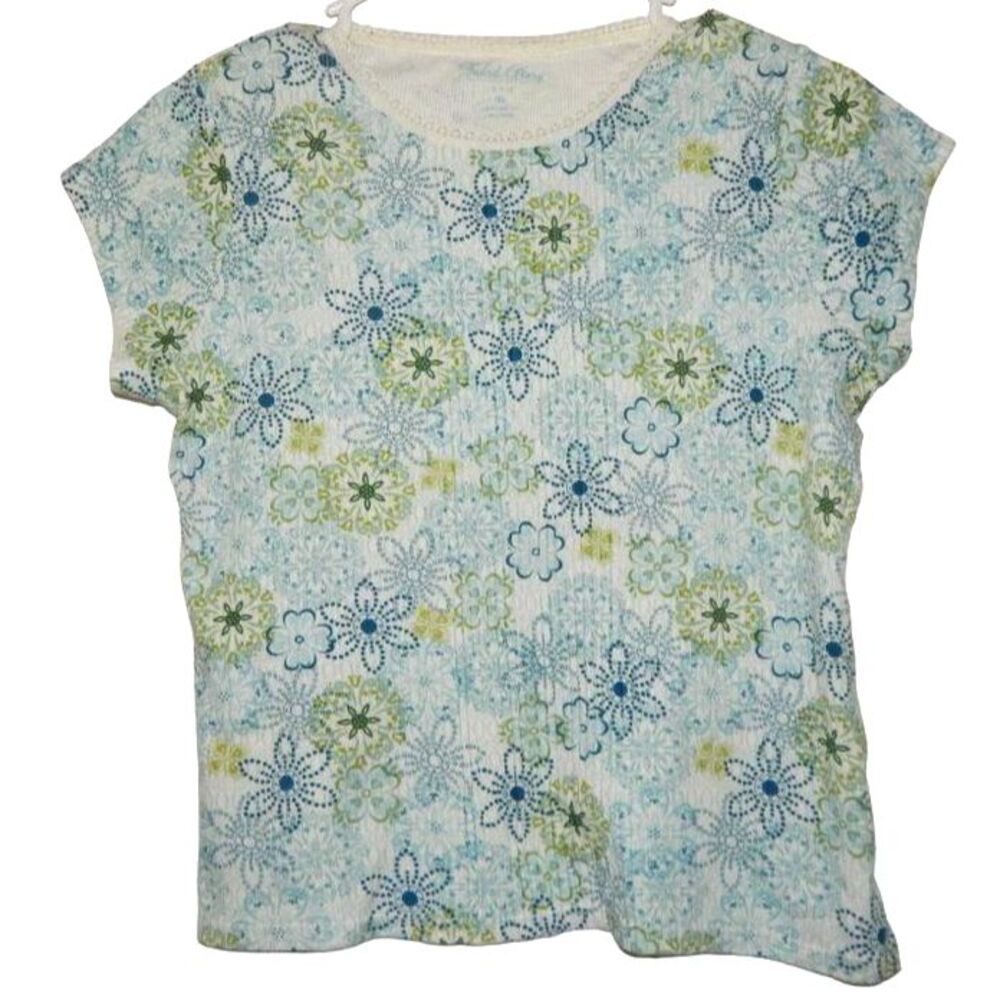 Faded Glory Girls XL 14/16 White Blue Green Floral Ribbed 90s Cotton T-Shirt